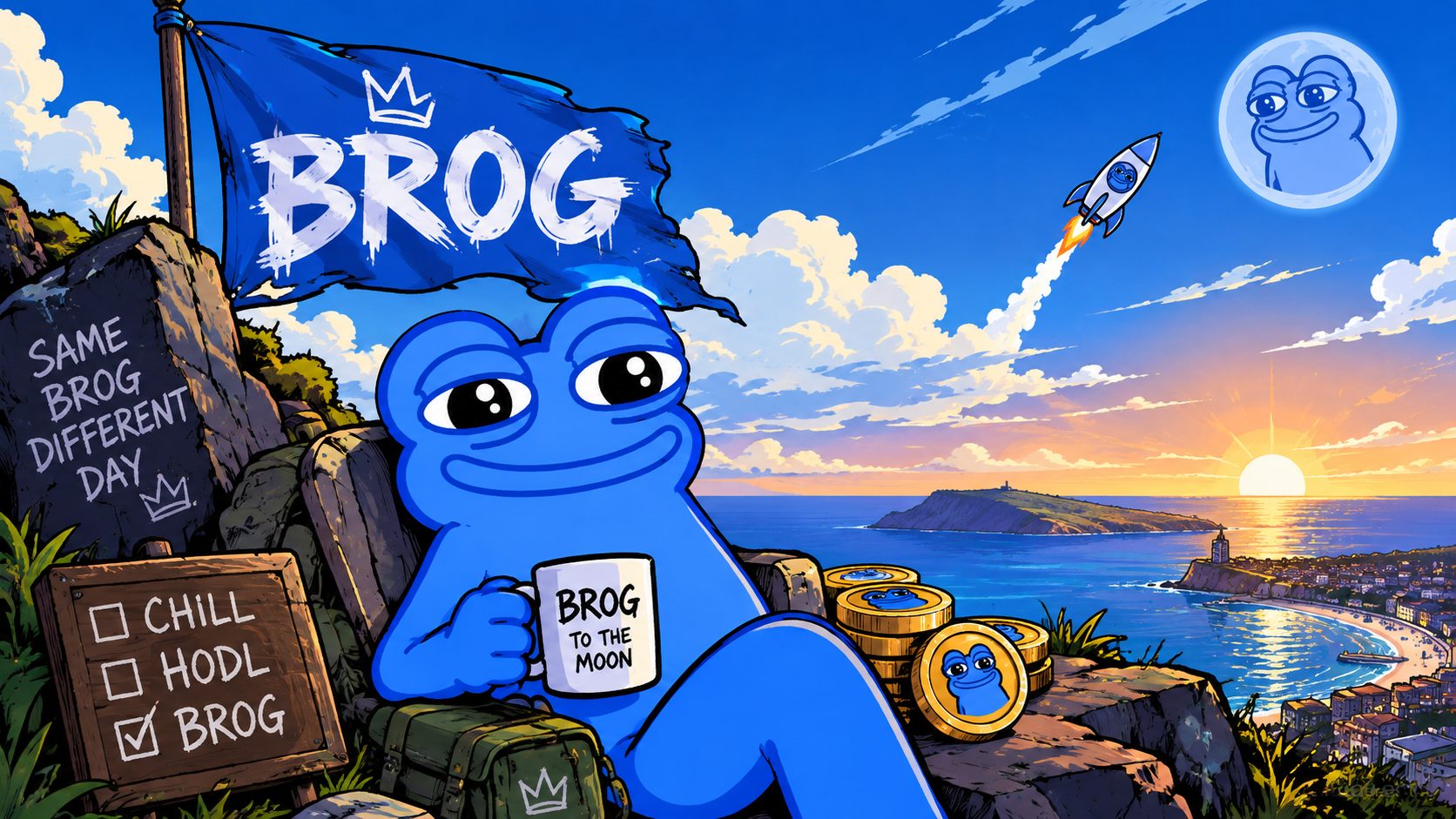 Brog the blue frog relaxing on a clifftop with a BROG flag, a coffee mug and a stack of coins, while a rocket flies to a Brog moon over the sea